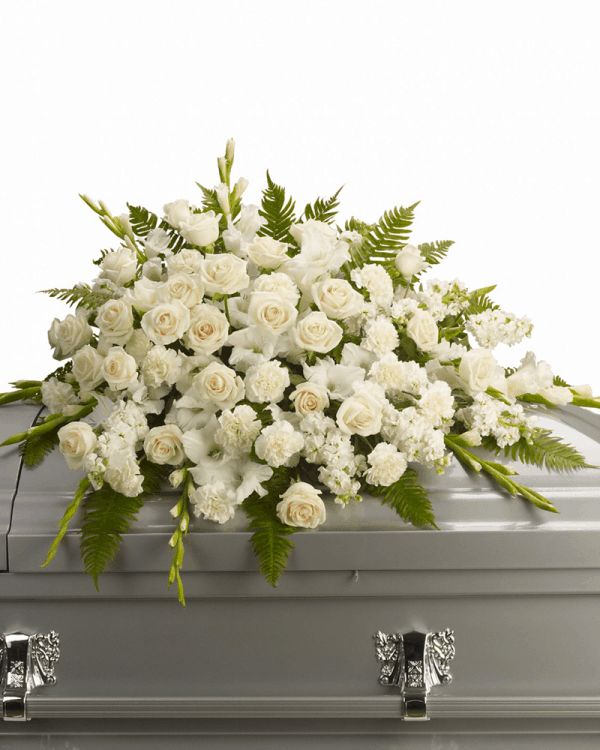 Peach, Orange & White Casket Spray – Veldkamps Funeral Flowers